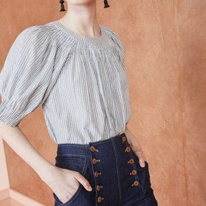 Ulla Johnson Lennie Top Powder Blue Stripe Gold Womens Size 2 Puff Sleeve